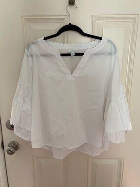 Sundance Scalloped Edge Puff Sleeve Cotton Poplin Top Size XLP